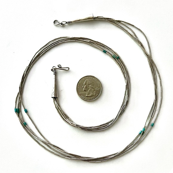 🗝️🪺Signed, Vintage 4 strand Liquid Silver Necklace with Turquoise accent beads - Picture 5 of 9